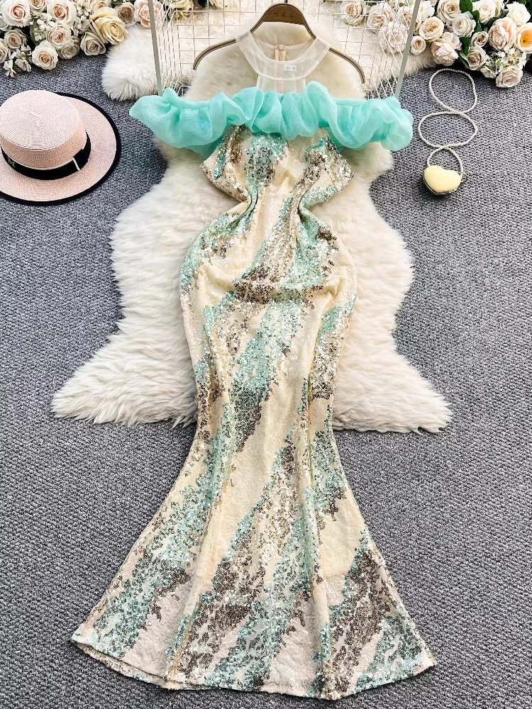 

French Vintage Dresses Halter Off Shoulder Ruffles Sequined Fish Tail Dress Summer Female Slim Elegant Design Women's Clothing