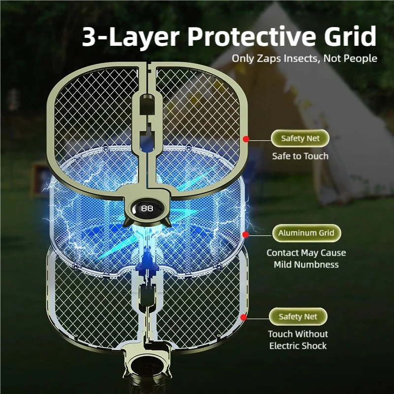TINSOL Digital Display Foldable Electric Mosquito Swatter, High-Power Rechargeable Mosquito Swatter for Home Use image 3