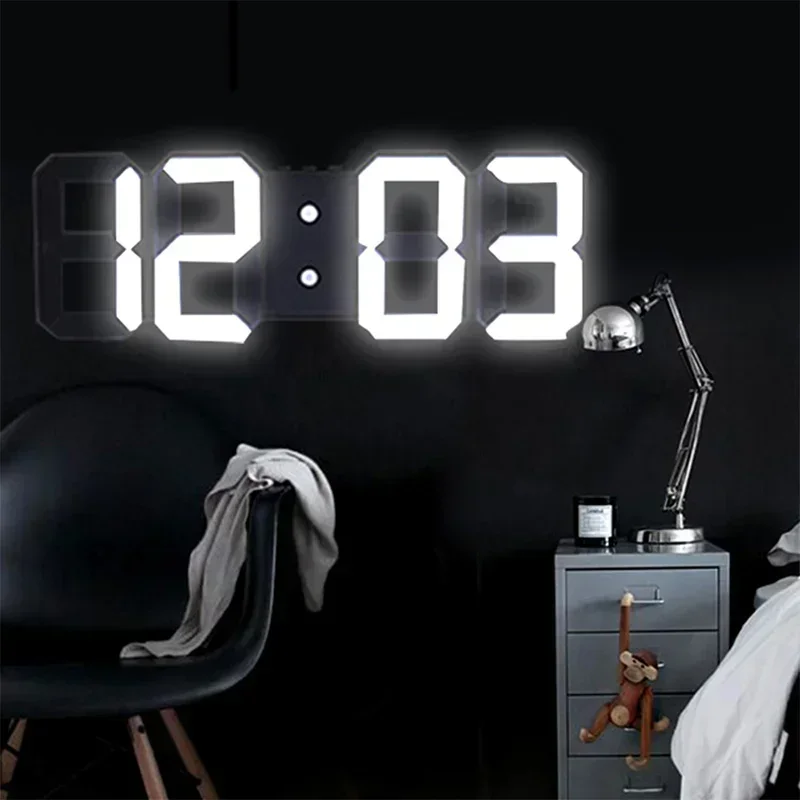 3D LED Digital Alarm Clock Wall Clock Wall Watch Calendar Thermometer Electronic Clock 3-level Brightness Multi-function Display