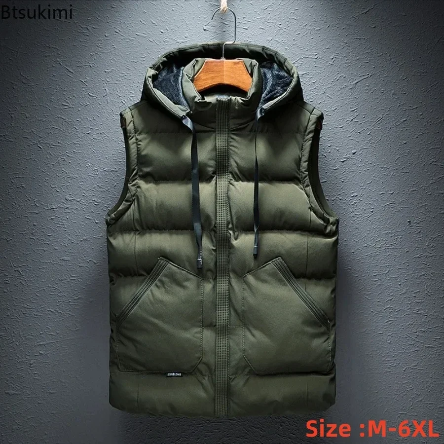 2025 Men's Warm Sleeveless Jacket Autumn Winter High End Casual Cotton Vest Male Double Diagonal Large Pocket Hooded Vests 6XL