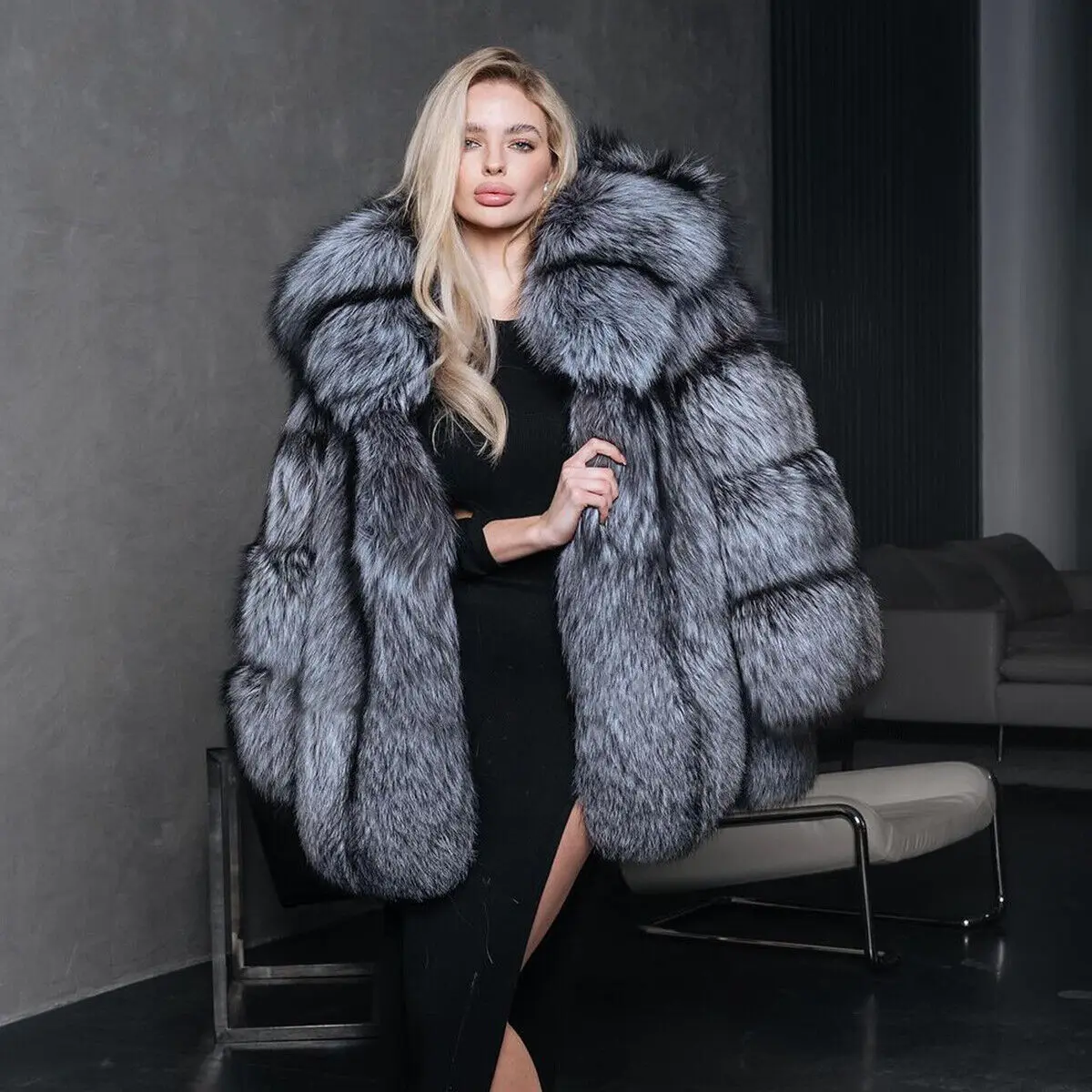 natural sliver fox fur coat women winter fashion luxury thicken warm outertwear hooded long sleeve genuine real fur jacket lady