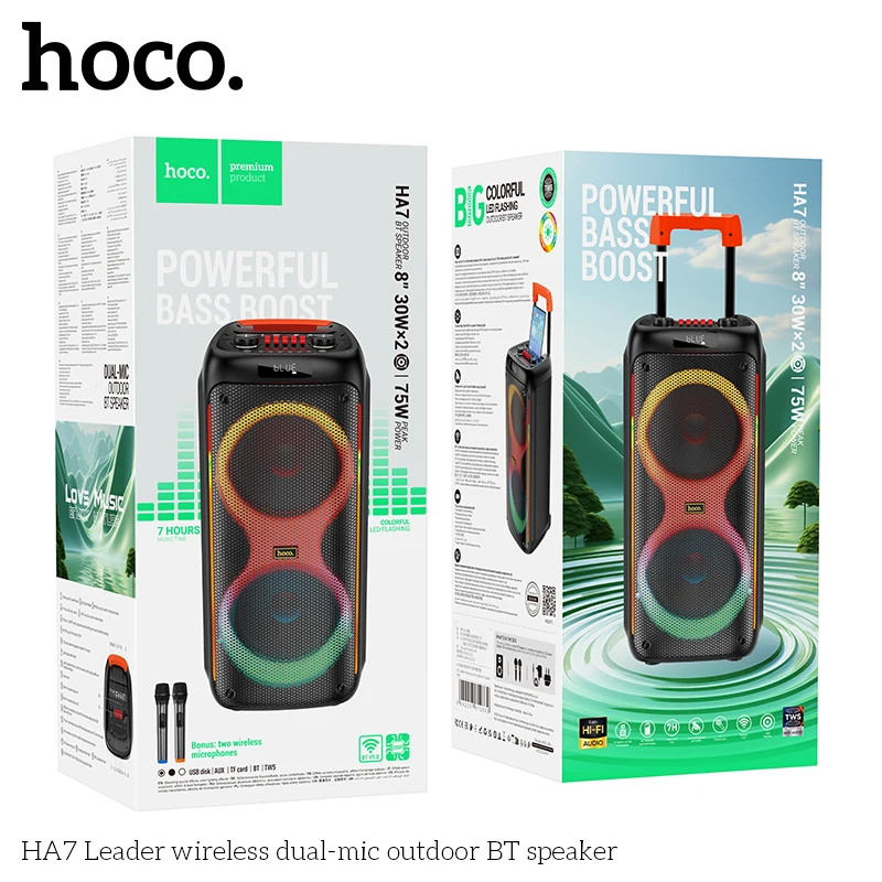 Hoco-Bluetooth付き大型スピーカー,デュアルマイク付きワイヤレススピーカー,屋外用,FMサポート,TFカード,AUX, TWSモード,高品質,HA7, US, EU