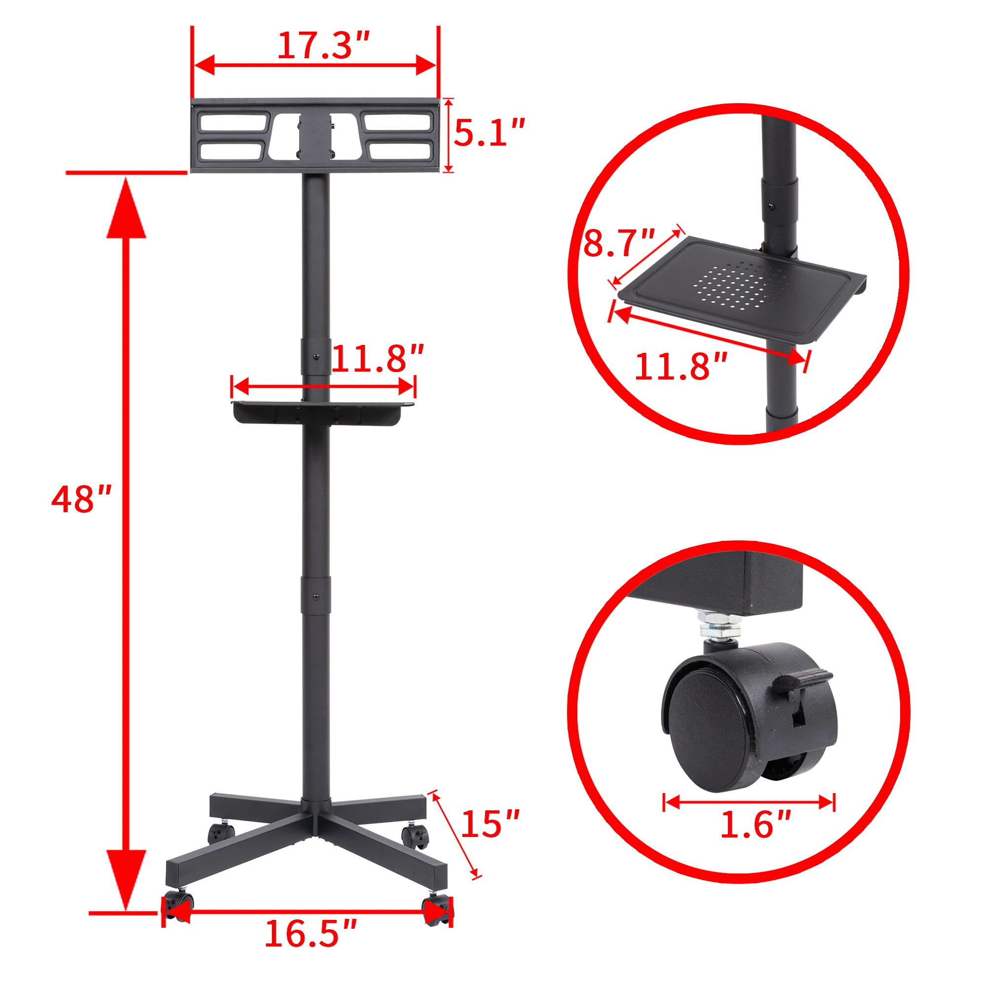 Mobiles TV-Auto, geeignet für 23 bis 60 Zoll gebogenen, bodenstehenden TV-Ständer mit höhenverstellbarem Regal, maximal VESA 400 x 400 mm