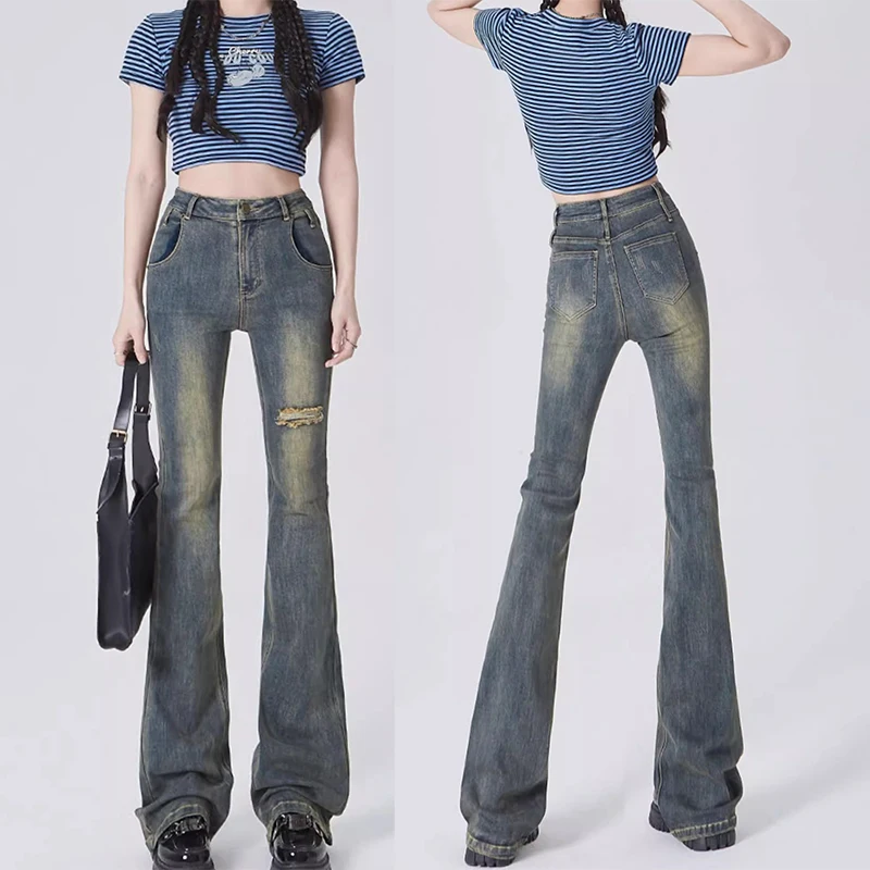 

Woman American High Waist Ripped Flare Jeans Girls Y2k Clothes Elastic Bell Bottom Pants Female Korean Blue Denim Hole Trousers