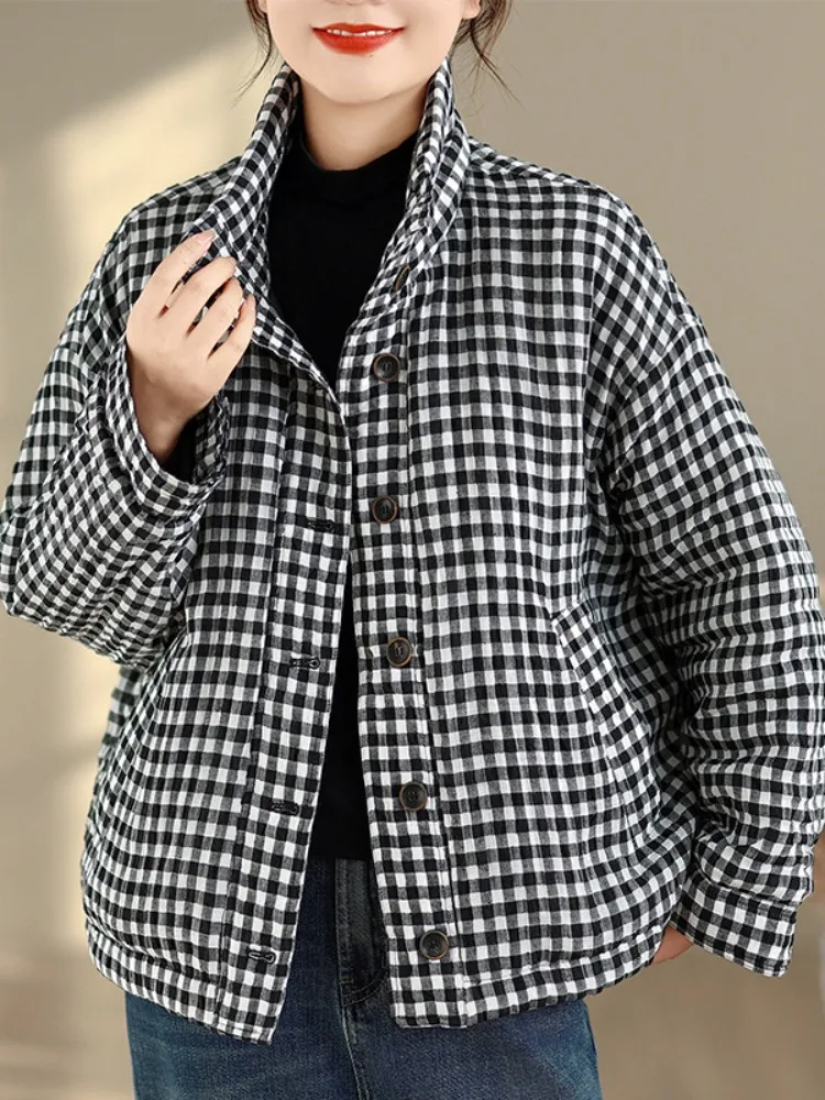 

Classic Plaid Cotton Jaet Women's Winter Thiened Lightweight Loose Sle Button up Long Sve irt Artistic Commute