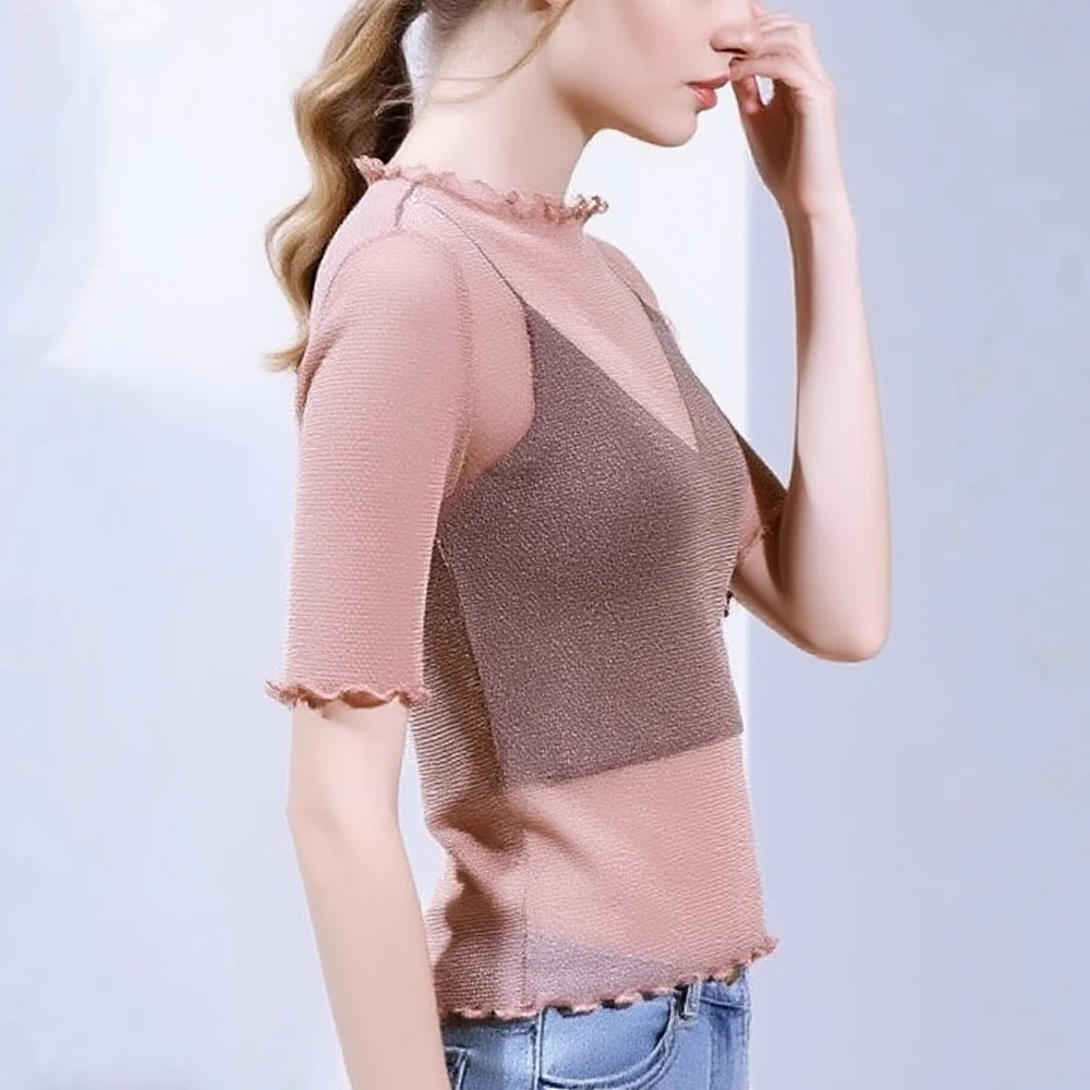 

Y2K Silver Shiny Bling Bling T Shirt Women Clothing Transparent Elastic Shirts Girl Short Sleeve O Neck White Top Female Blouses