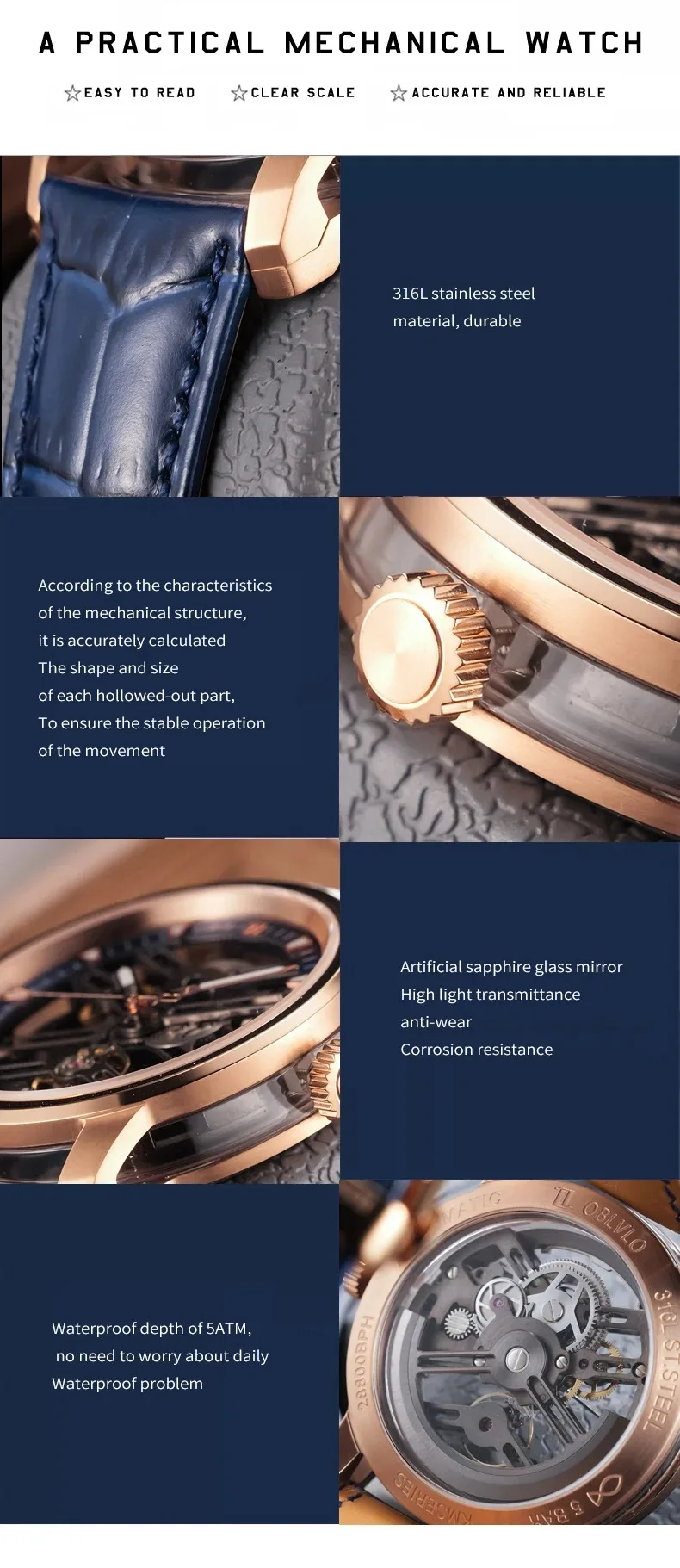 OBLVLO Men Automatic Watch 42MM Mechanical Wristwatch Hollow Out Dial 50M Waterproof Sapphire Mirror Luminous