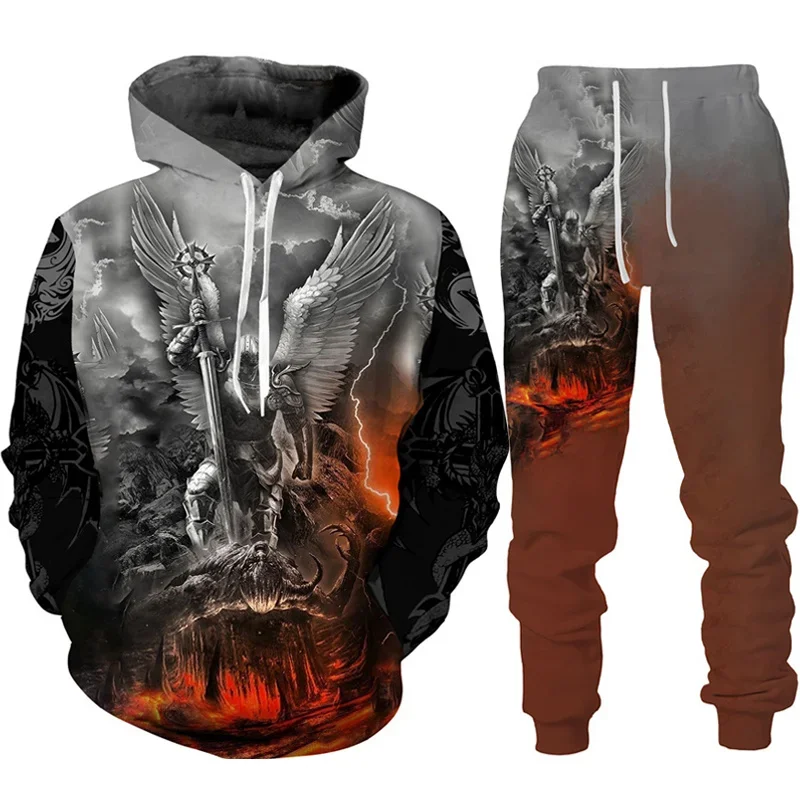 Retro Hoodie Set Dragon Tattoo 3D Print Men Tracksuit Casual Oversized Loose Pullover Suit Pants Streetwear Fashion Man Clothing