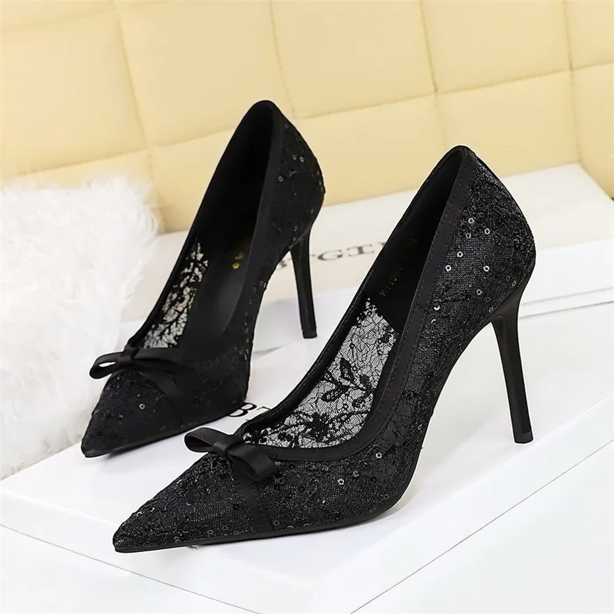 جديد إمرأة مثير الفم الضحلة سوبر عالية الكعب مع القوس أشار تو الدانتيل شبكة السيدات الفم الضحلة سليم حذا فردي للسيدات #3