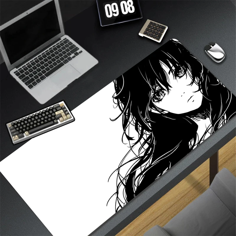 

Design Gaming Mouse Pad Anti-Slip Rubber Black And White Anime Girl Base Extended Desk Mat For Gamer Office Accessories Mousepad