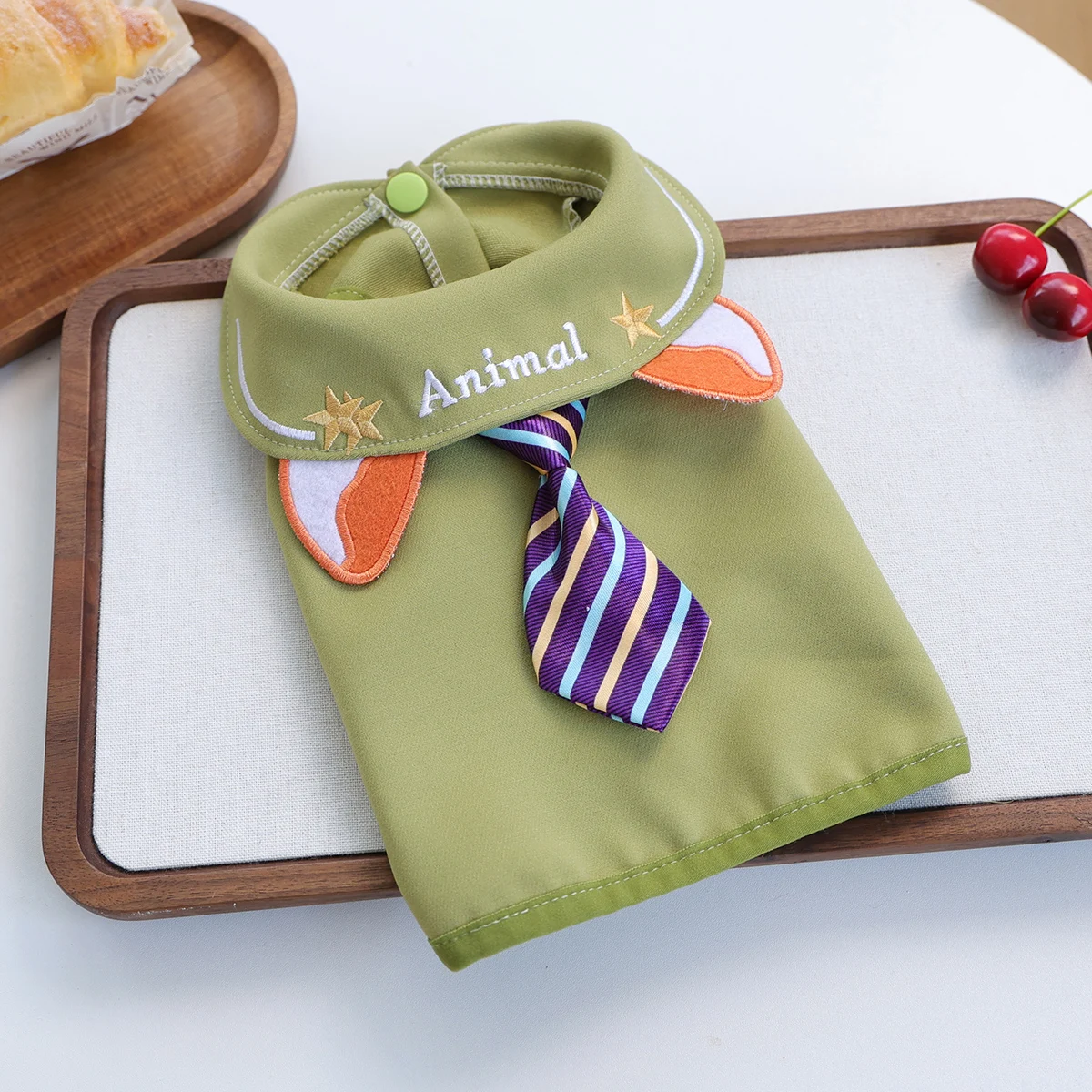 Fox Ear Tie Sleeveless Pet Vest, Green Button-Up Outfit with Striped Tie, Two-Legged Coat for Small Dogs & Cats