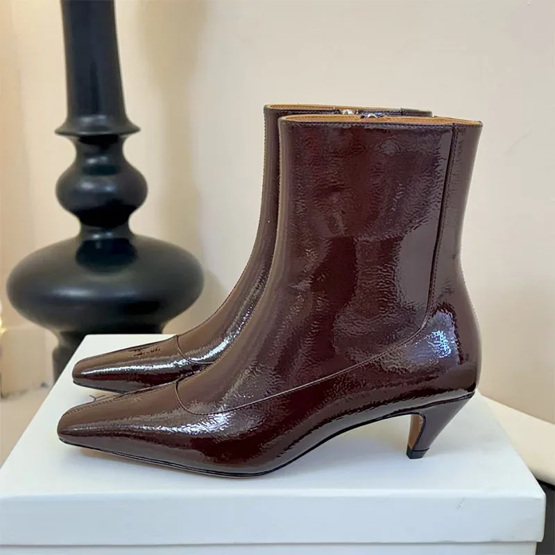 

Роскошные качественные ботильоны на высоком каблуке, женская обувь из натуральной кожи с квадратным носком, женские короткие сапоги на каблуке «котенок», Botas Mujer