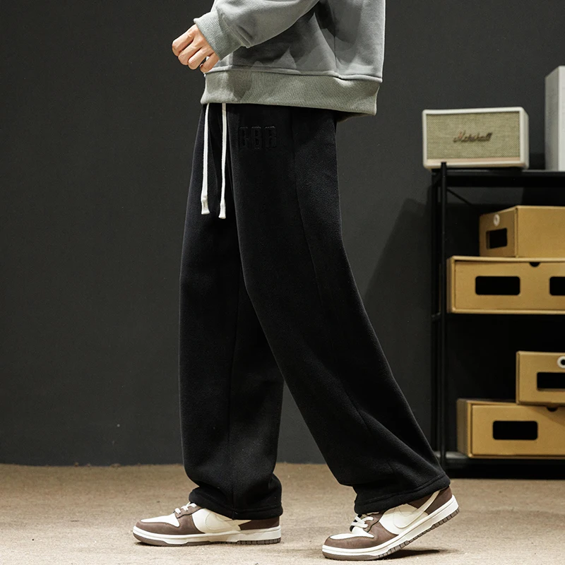 New Men Outdoor Wide Leg Trousers Velvet Lining Sweatpants Neutral  Solid Color Baggy Thickened Winter Fleece Loose Cargo Pants