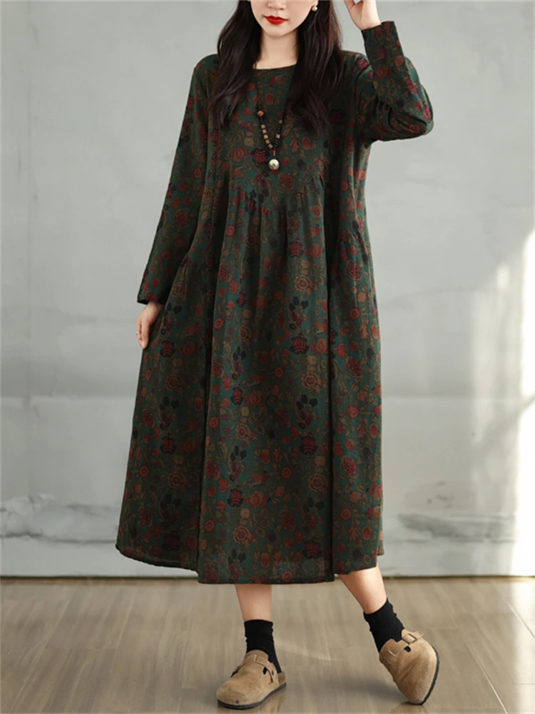 Cotton Vintage Print Floral Dresses 2026 Women Spring Autumn Casual Loose Long Sleeve Dress Femme Robe Vestidos Elegant Clothing