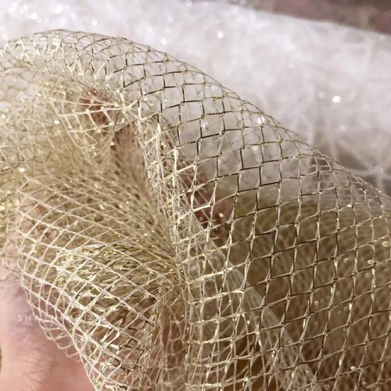 Glitter Hard Tulle Hollow Net Fabric, Golden Transparent Mesh, For Fashion Or Designer Clothing , By The Yard