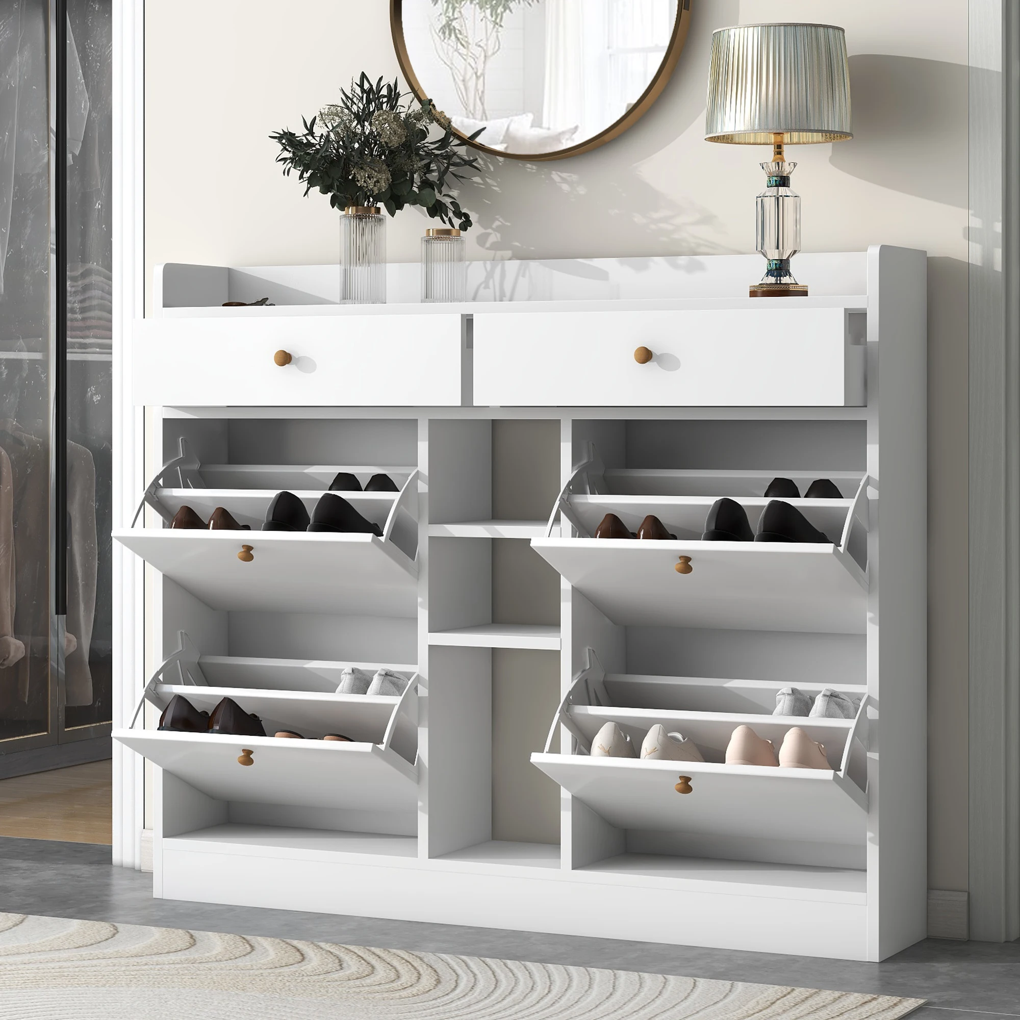 Modern Shoe Cabinet W/4 Flip Drawers Multifunctional 2-Tier Shoe Storage Organizer Free Standing Shoe Rack for Entrance Hallway