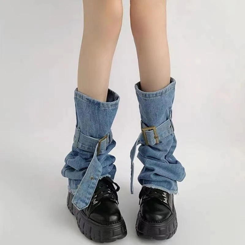 

Women Blue Leg Sleeves with Buckled Straps Harajuku Punk Girl Distressed Jeans Leg Warmer Over Knee Long Socks N0HE