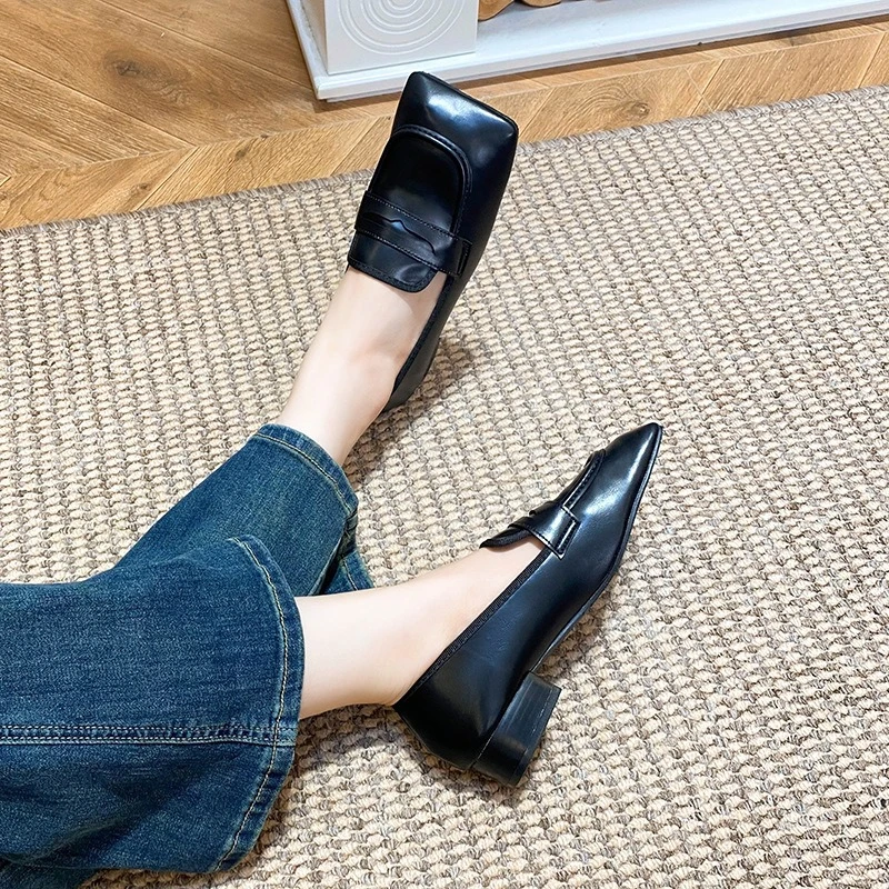 Women's Shoes Fashion Black Square Toe Leather Shoes Designer Loafers for Women New Comfortable Elegant Casual Shoes Women Shoe 4