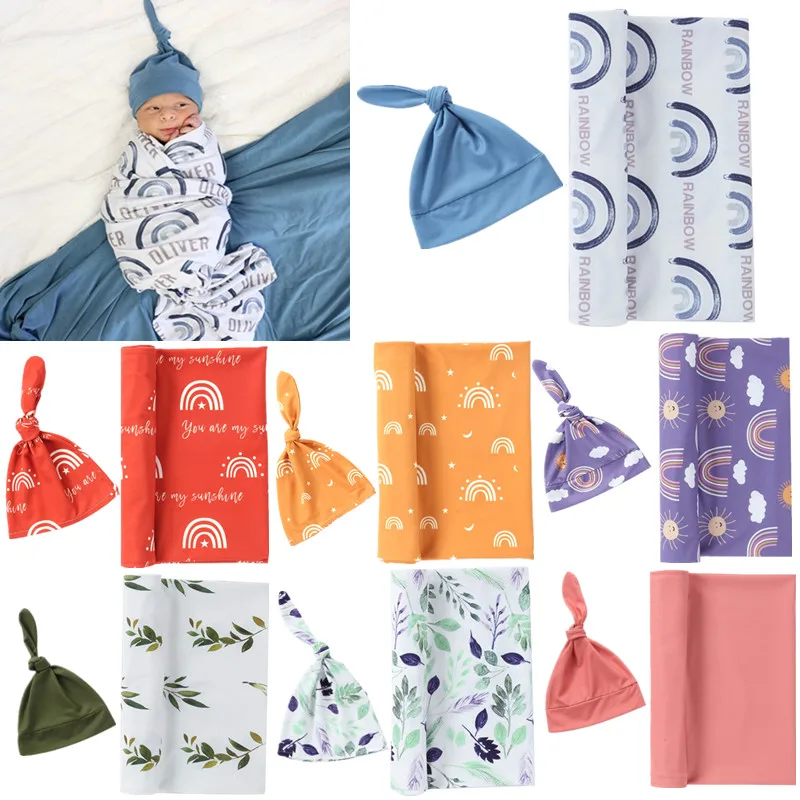 

2Pcs Cotton Baby Blanket Hat Set Soft Elastic Anti-shock Baby Swaddle Wrap Rainbow Printed Newborn Receiving Blanlet Shower Gift