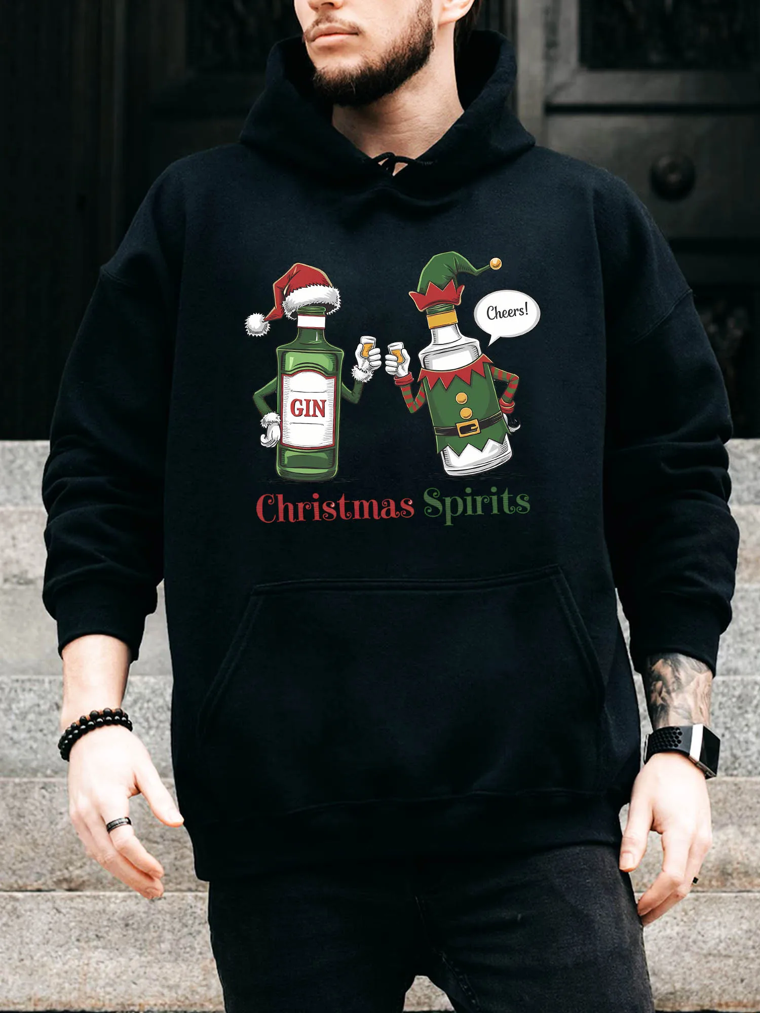 

Мужская толстовка на шнурке Cheers Christmas Spirits — повседневный удобный черный пуловер, осенне-зимняя толстовка с капюшоном