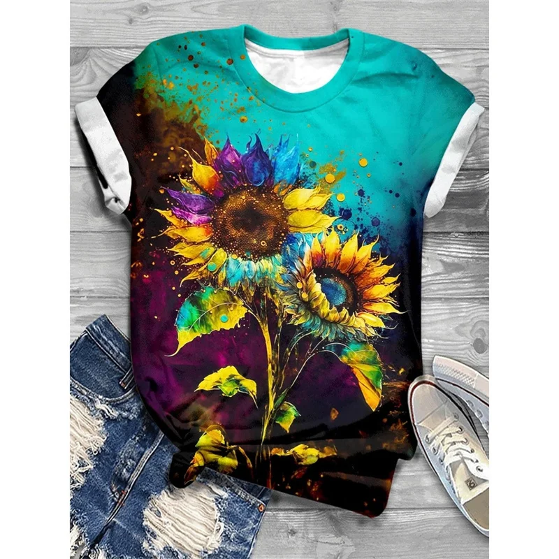 Flower Sunflower T-Shirt For Women Birds Insects 3D Printed Tees Summer Oversized Tops Short Sleeves Personality O-Neck T Shirts