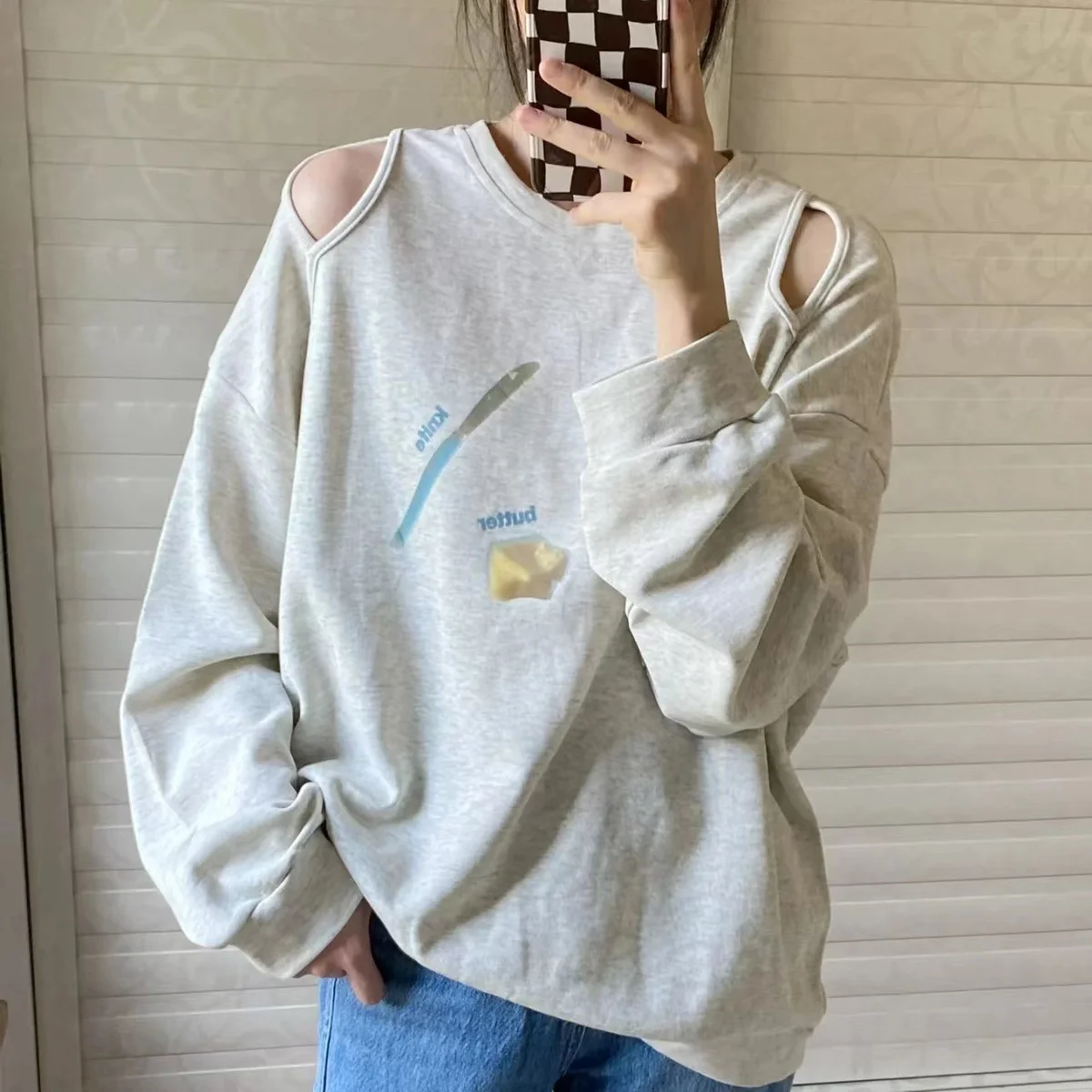 

Sweater Off-The-Shoulder Round Neck With No Hat Design Sense 2024 New Women'S Spring And Autumn Loose Lazy Wind Long-Sleeved Top