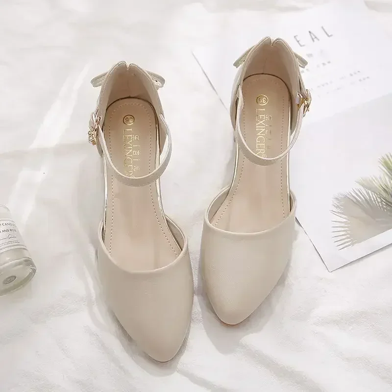 2024 Pumps Women Bow Mid Heels Two-Piece Shoes Buckle Pointed Toe Footwear Ladies Summer Elegant Shoes Female Beige apricot