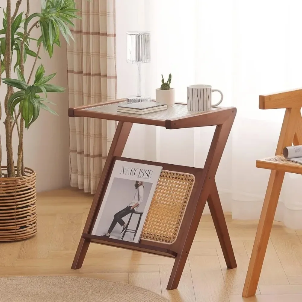 

Boho Nightstand Rattan Side Table, Glass Vintage End Bedroom Coffee Tables with Storage