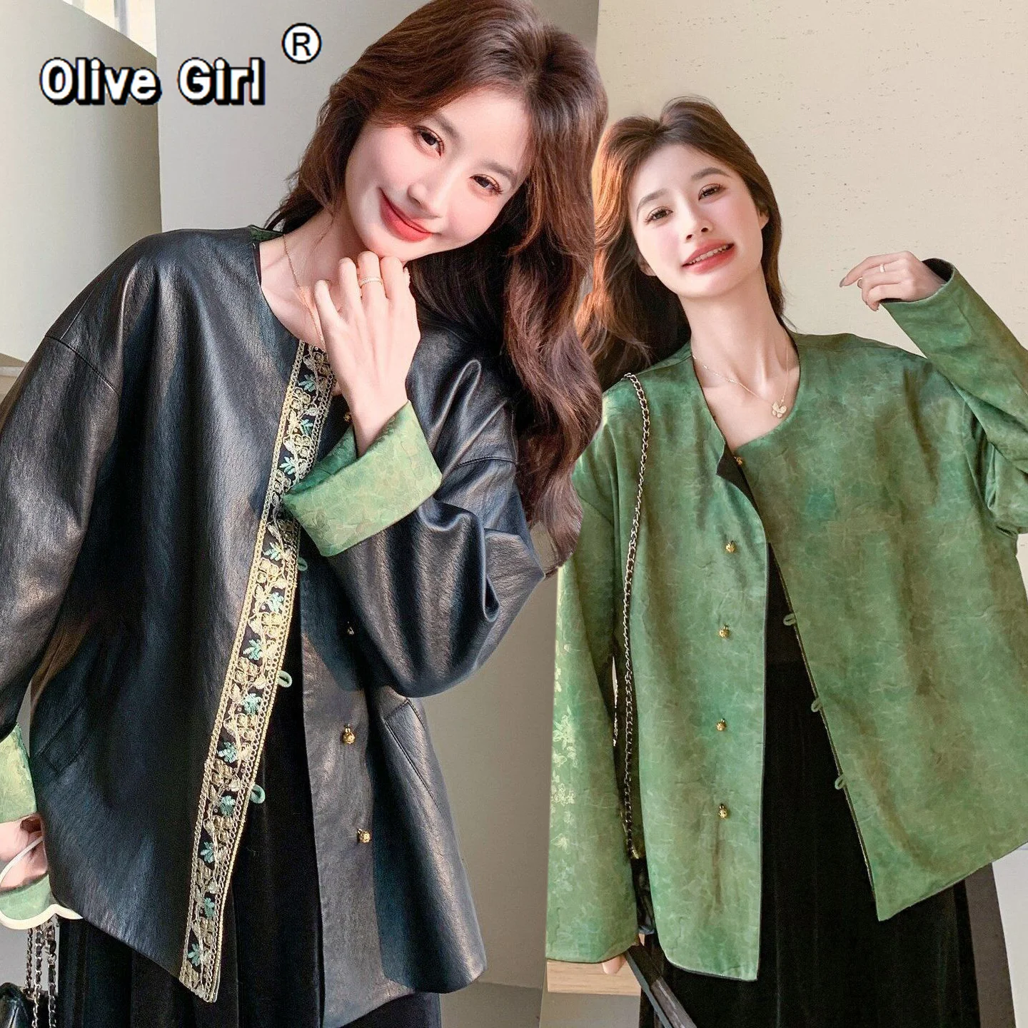 Olivegirl Chinese Style Women's Coat Two Sides outwear Pu Leather Jacket Green Black Spring and Autumn Outfit 2026 Versatile Top