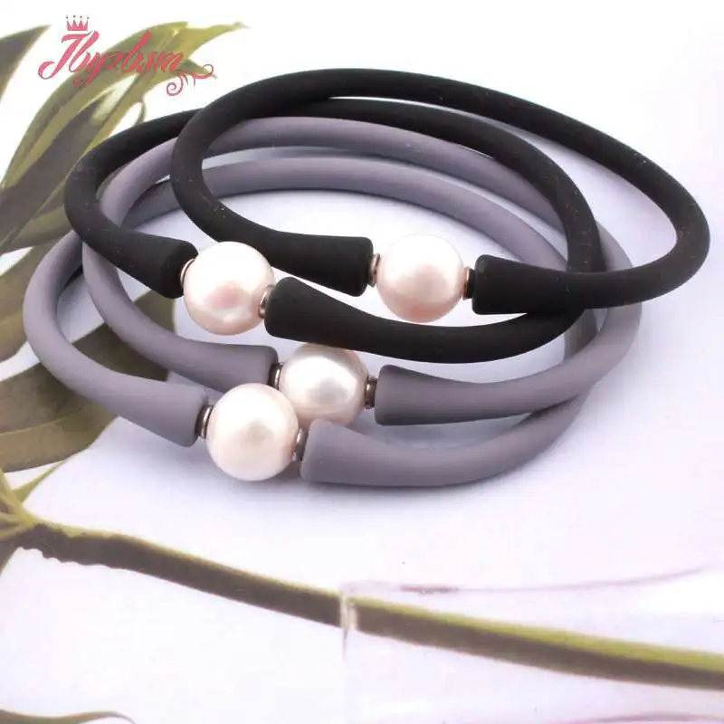 10mm Round 100% Freshwater Pearl Silicone Bracelet Casual Waterproof for Women Men Yoga Gift Powerful Bangle Bracelet 1 Pcs