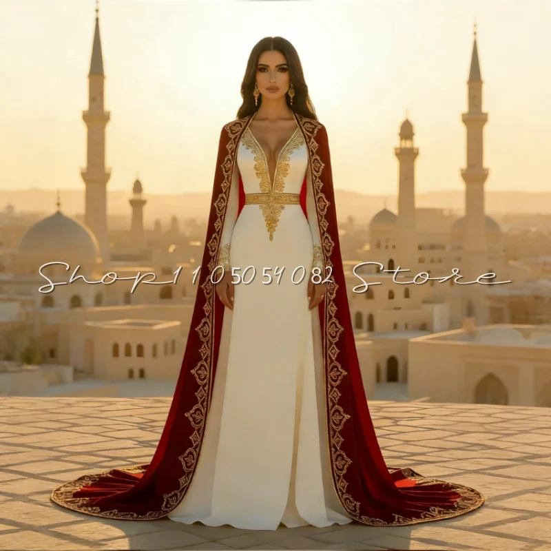 

Gorgeous Algerian Arabian Evening Gowns Arabian Style Attached Cloak Shawl Traditional Gold Kabir Prom Dresses Customized