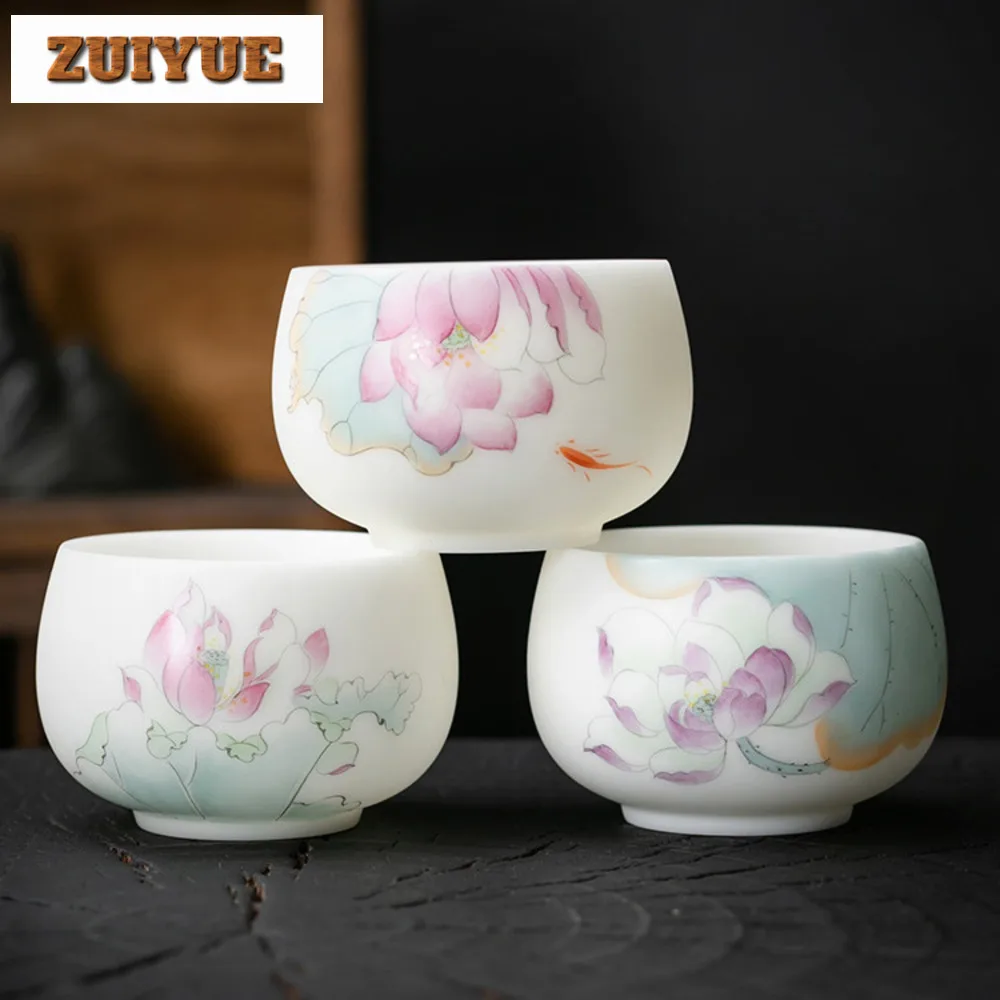 160ml High End Ice Jade Porcelain Teacup Hand-painted Lotus Master Cup Female Personal Tea Bowl Coffee Mug Kung Fu Tea Drinking