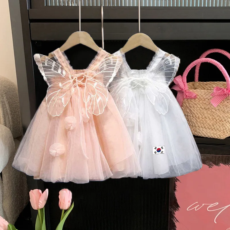 2024 Summer Girls Sling Dresses Mesh Children\'s Princess Dress Fairy Birthday Party Vestidos Baby Butterfly Wings Puffy Dress