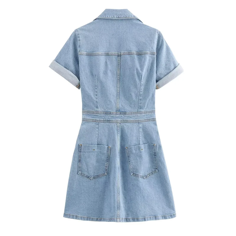 TRAF Blue Denim Dress Woman Faded Jean Mini Shirt Dress Women Short Sleeve Summer Dresses 2024 Young Girls Casual Short Dresses