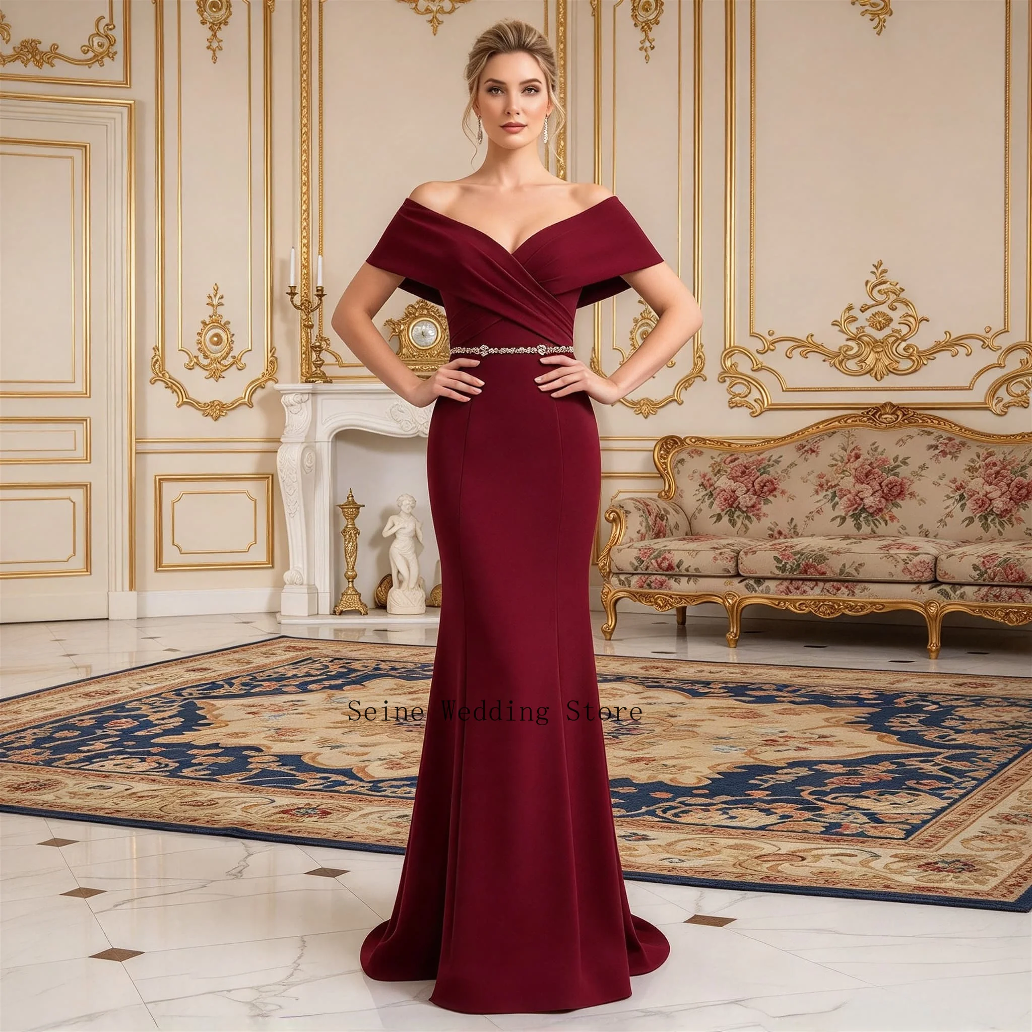 Burgundy Mermaid Crepe Mother of The Bride Dress Beaded Waistband Off Shoulder Short Sleeve Wedding Party Formal Occasion Gown