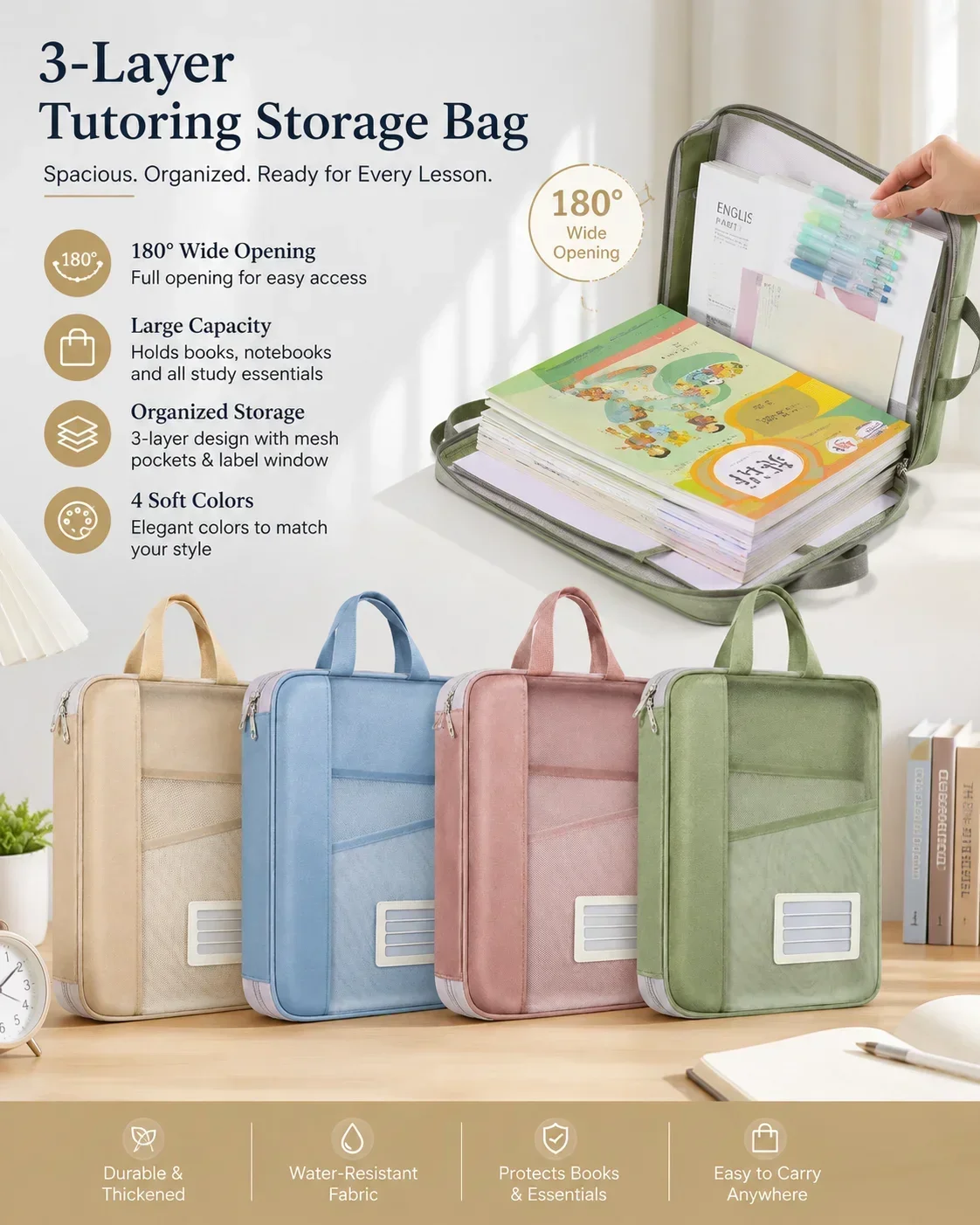 Thickened 3-Layer Large Opening Storage Bag, Handheld Zipper Tote, Document Test Paper Homework Organizer