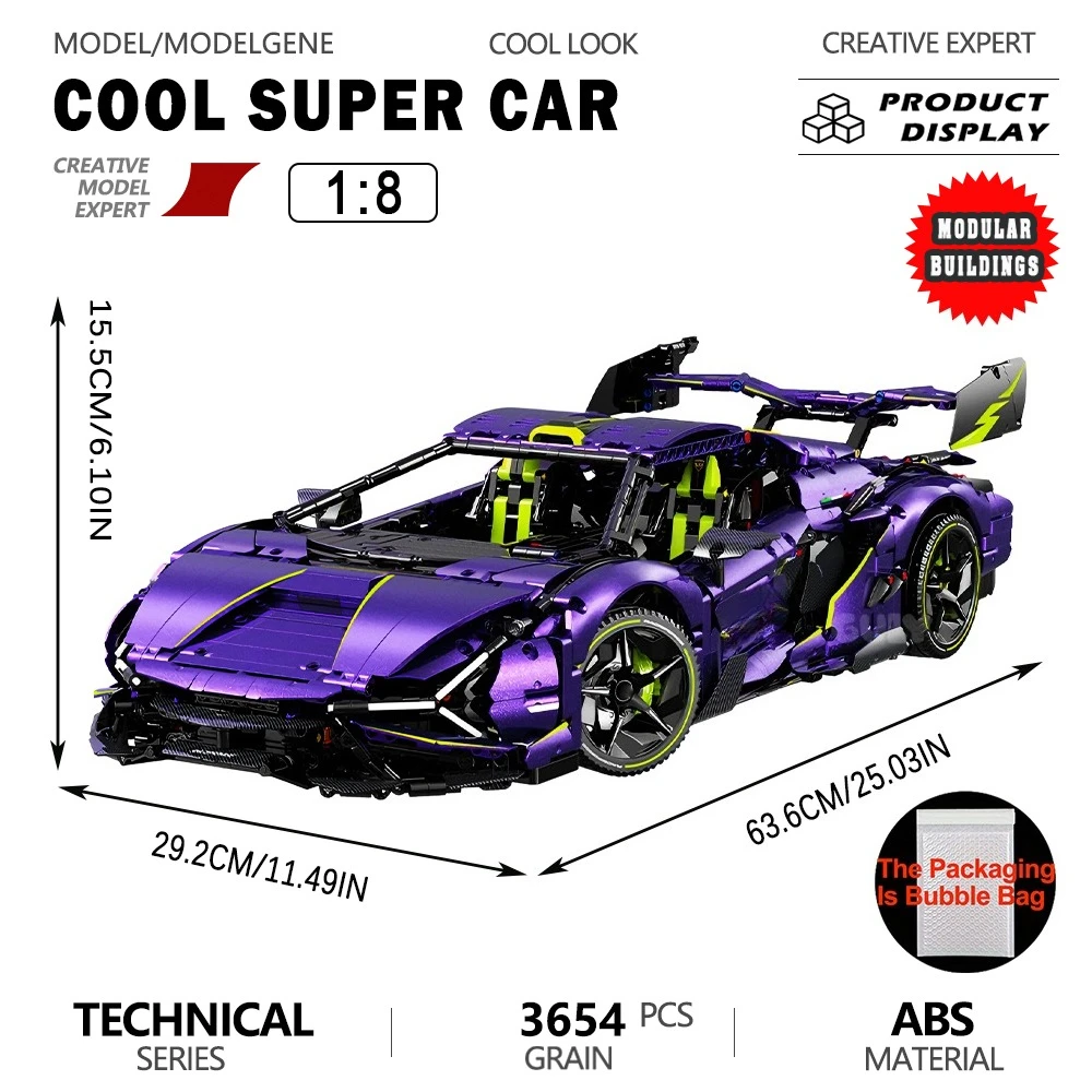 

GULY 1:8 Scale Lanbo Lightning Purple Supercar Building Blocks High Simulation Racing Car Model Assembly Toy Gift For Collection