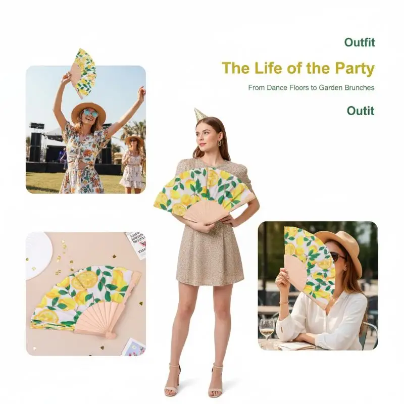 Lemon Print Folding Hand Fan Fruit Pattern Bamboo Fabric Handheld Fan For Summer Cooling Dance Performance Wedding Party Decor