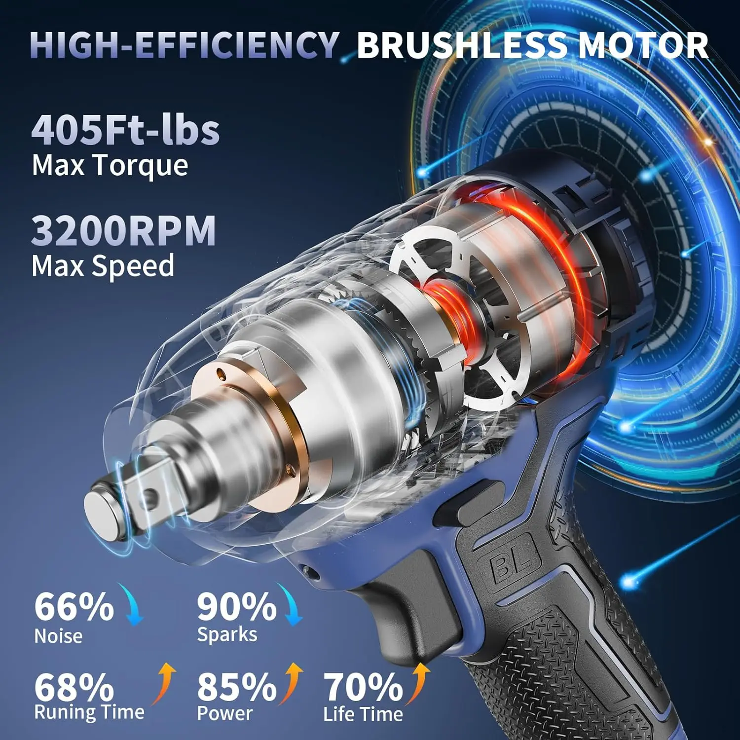 Cordless Impact Wrench 1/2 Inch, 405Ft-Lbs (550N.M) Power Impact Drill Set Or Tools, 3200Rpm High Torque Impact Driver, 2 X