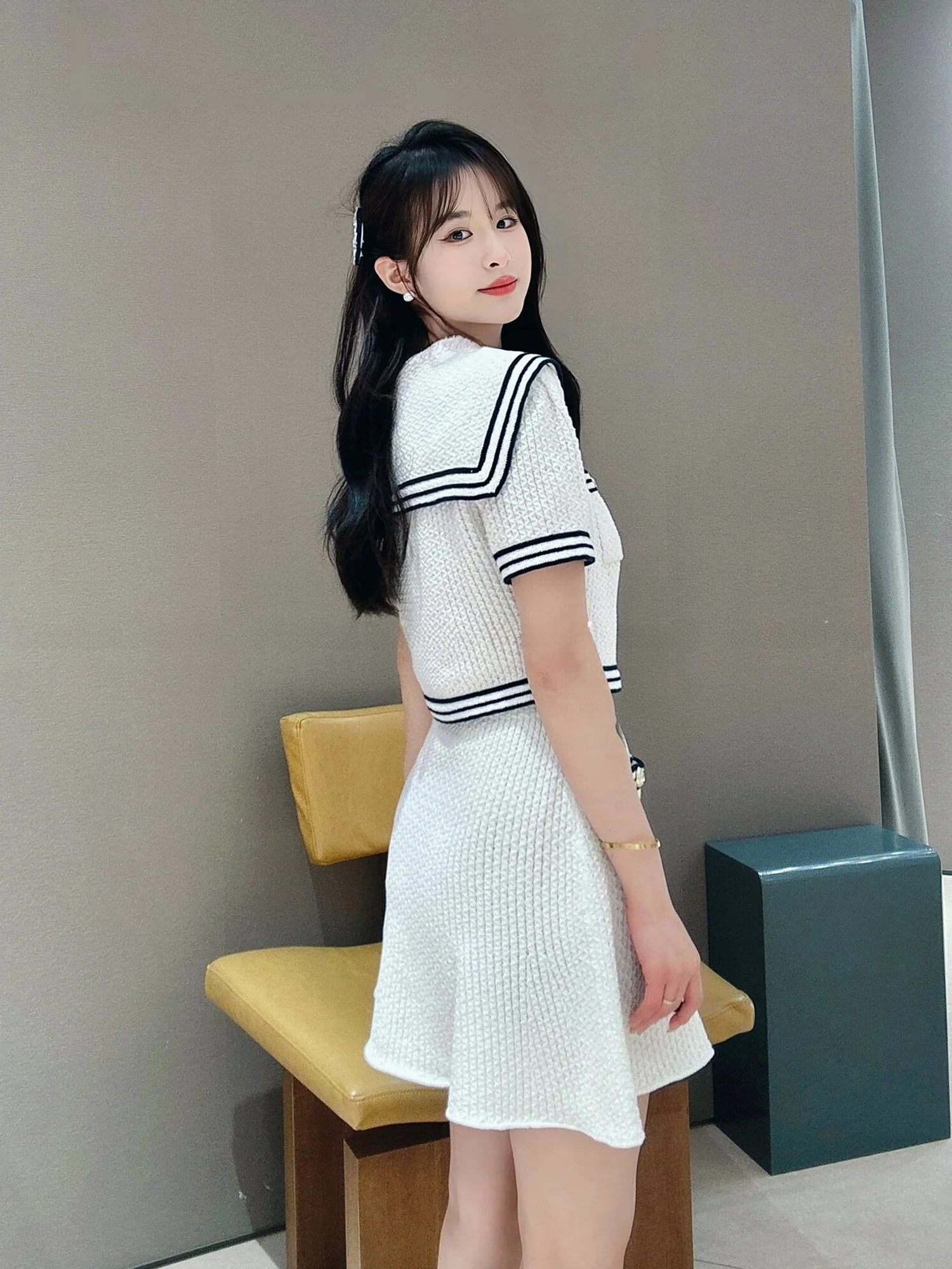 Printemps été col bleu marine évider tricoté f jupe Ensemble femmes Faion Ensemble ort Sve V Ne bouton fermeture