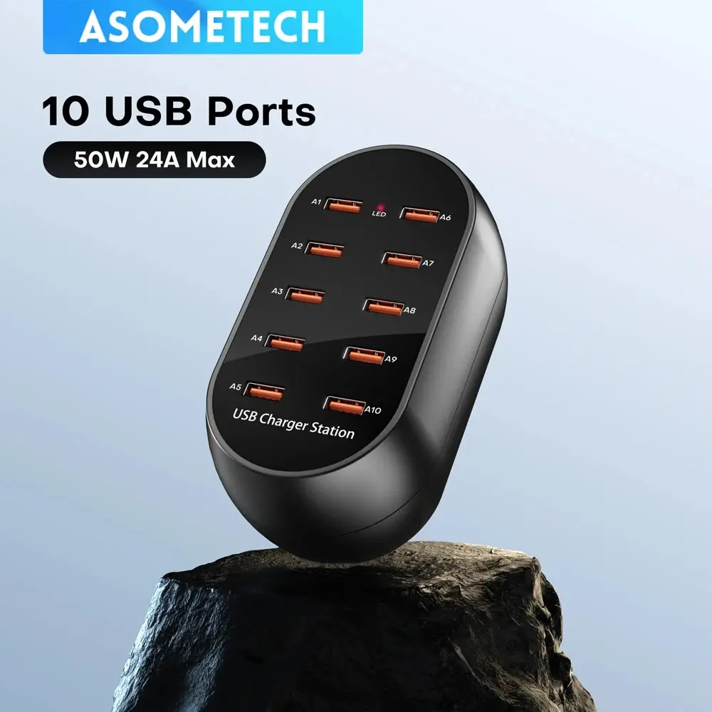 ASOMETECH 10 Port USB Charger 100V-240V EU US KR UK Plug Desktop USB Charging Station For Multiple Devices iPhone Samsung Xiaomi