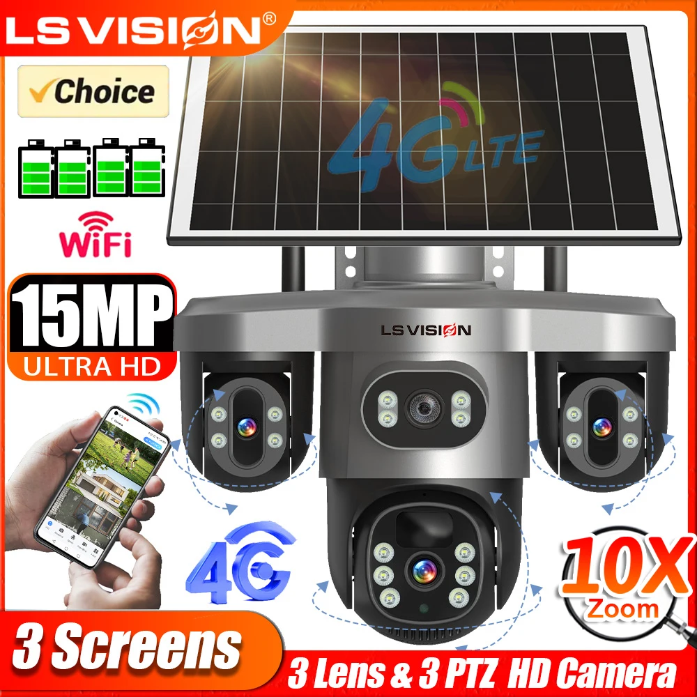 

LS VISION 15MP 4G Solar Camera Three Screens 10X Zoom Outdoor WiFi Surveillance Camara 360° PTZ PIR Detection CCTV Cam V380 Pro