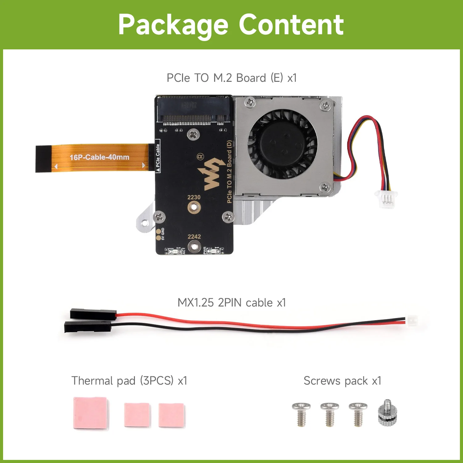 Waveshare PCIe To M.2 Adapter Board (E) For Raspberry Pi 5, Cooling Fan, Compatible With 2242/2230 Size NVMe Protocol M.2 SSD