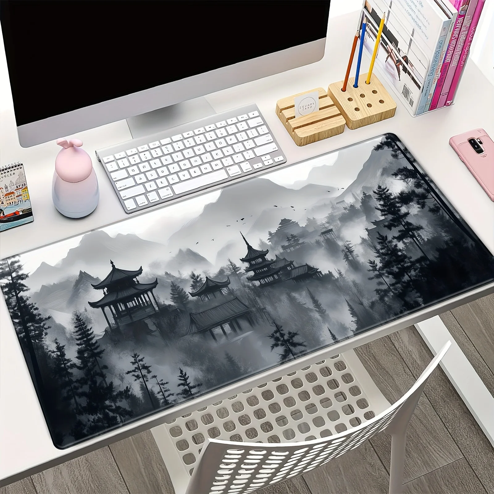 Traditional Ink Landscape Gaming Mouse Pad, Large Non-Slip Desk Mat with Chinese Pavilion Print for Gamers & Cozy Home Office