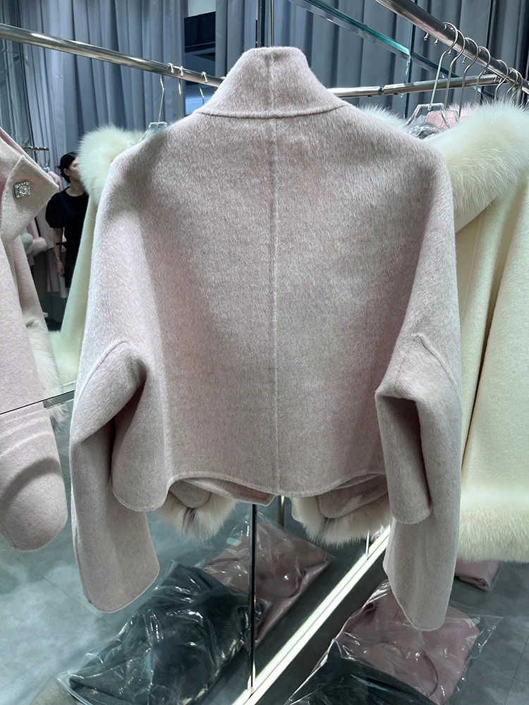 2024 New Fashion Winter Cashmere Wool Woolen Coat Real Fur Jacket Women Natural Fox Fur Pocket Ladies Outerwear Female Coat