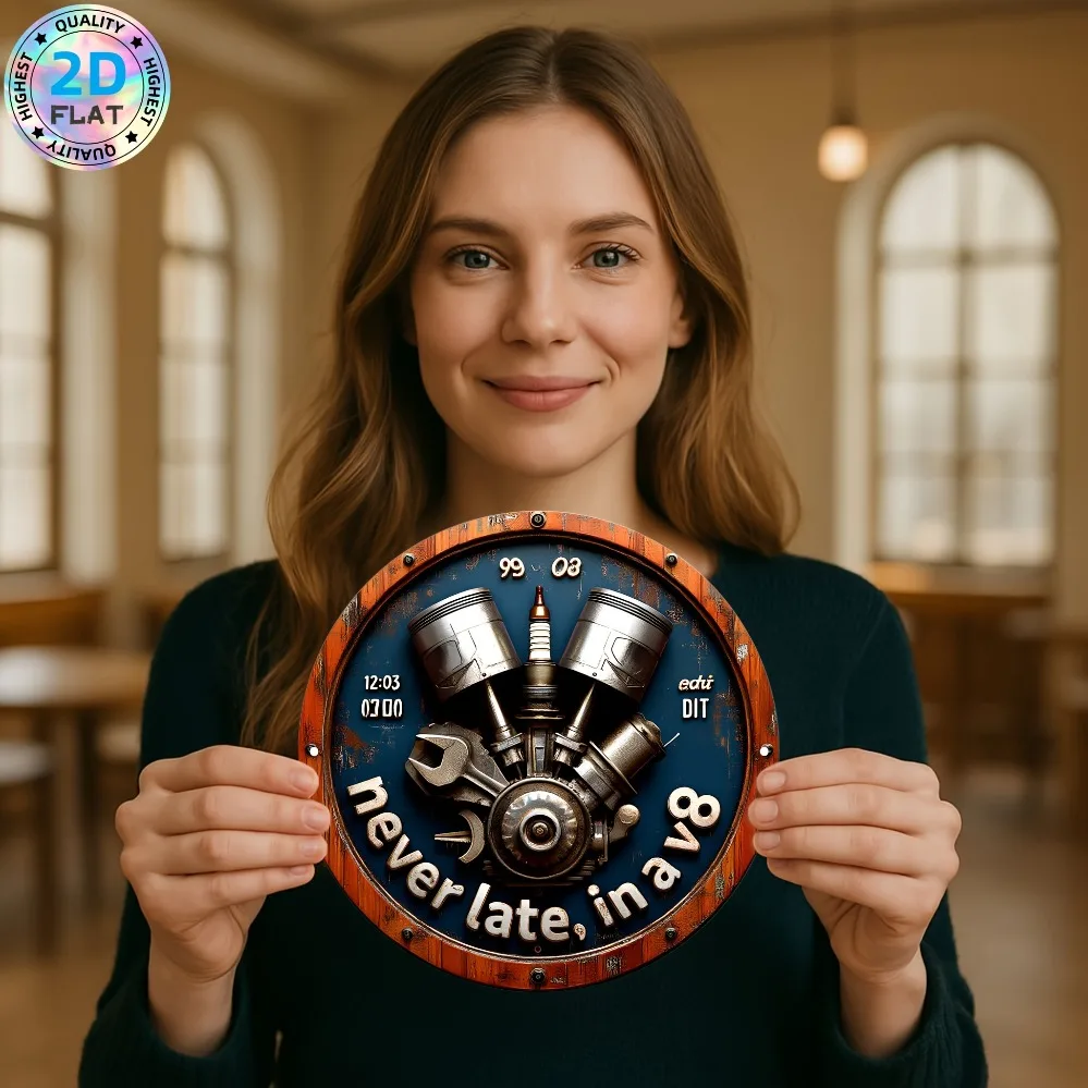 لوحة حائط معدنية بمحرك V8 مسطحة ثنائية الأبعاد - ديكور جراج ريفي باللونين الأزرق والبرتقالي | تتميز بمفتاح الربط وتصاميم أسطوانة الزيت #4