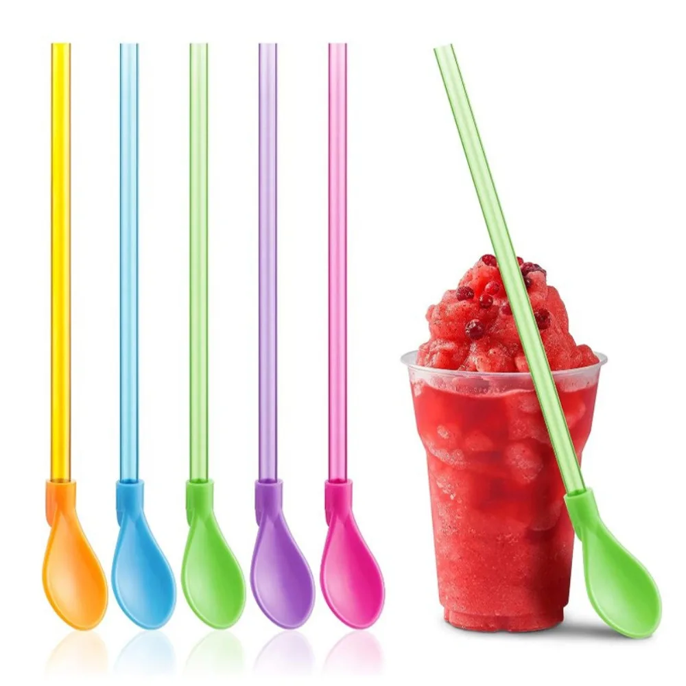 5Pcs 2 in 1 Plastic Spoon Straws Stirring Spoon Detachable Long Handle Ice Cream Spoon Reusable Milkshake Straws Party