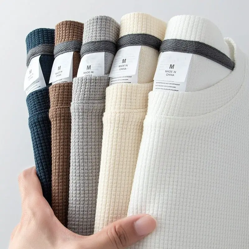 

Short Sleeve Waffle T-shirt for Men and Women Japanese Summer Round Neck Half Sleeve Casual Loose Top Solid Color T-shirt