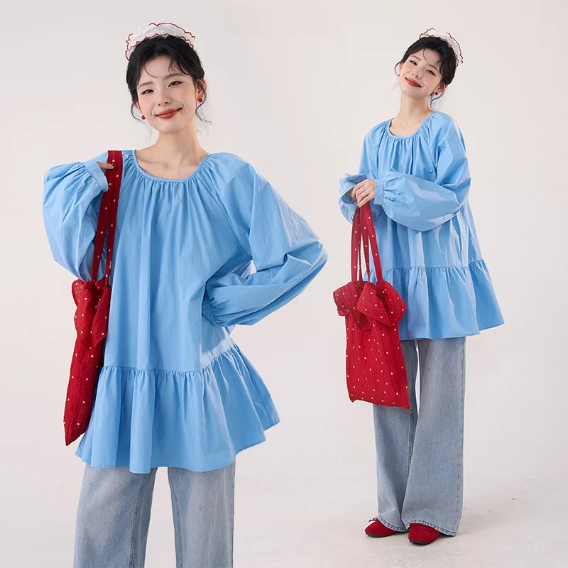 

Sweet Sle Loose Cotton irt with Lace Hem Doll Collar Women's Blue Skirt Top by Heme Flower Field Window 2025 Spring Colle...