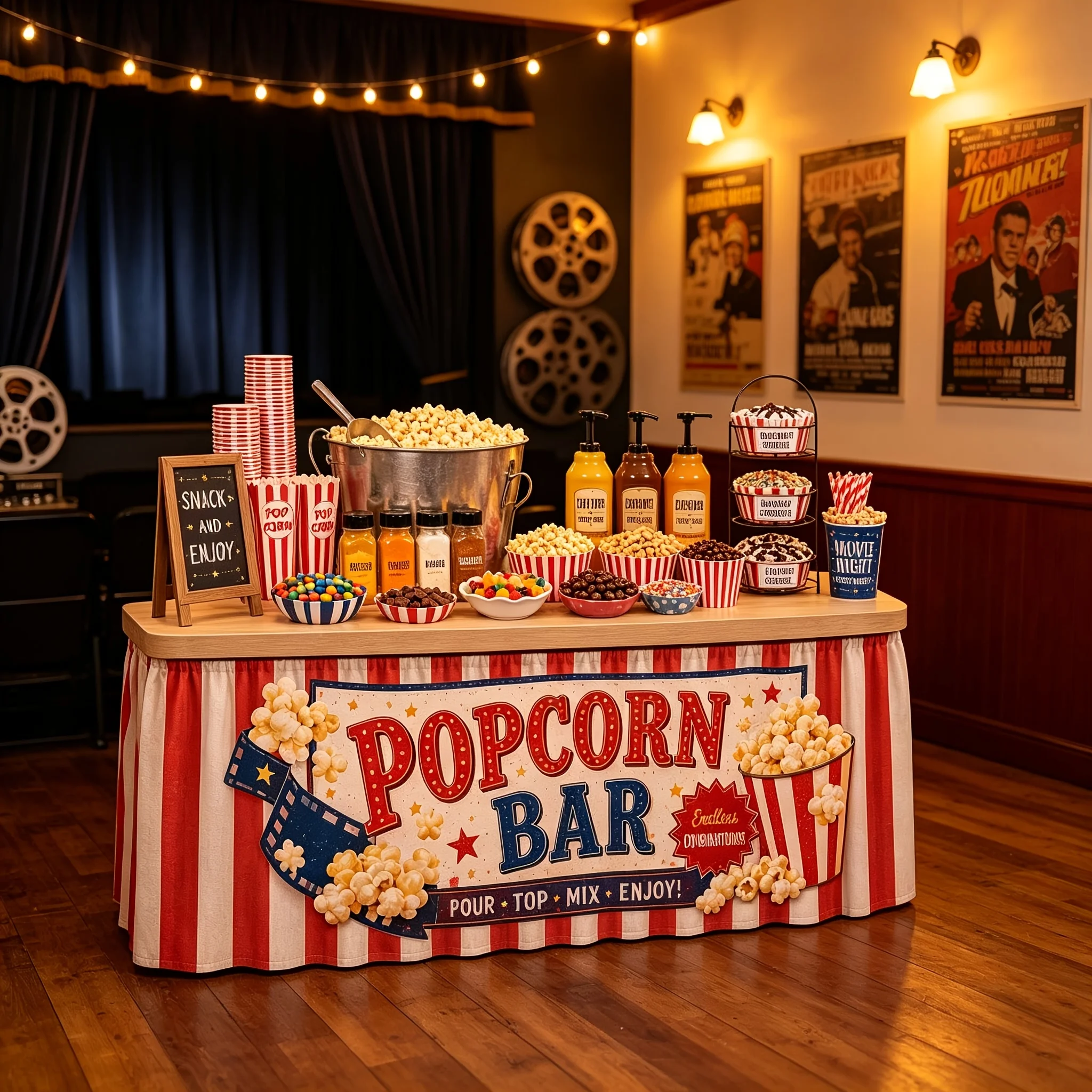 Tableskirt 1 piece 2d flat printing, tablecloth with popcorn BAR red and white striped film star text printing as the pattern